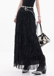 Fine Black Tasseled Elastic Waist Cotton Skirts Summer