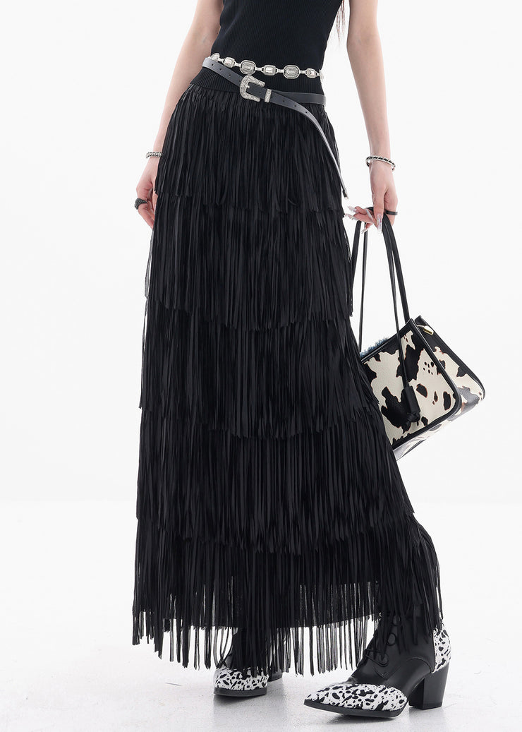 Fine Black Tasseled Elastic Waist Cotton Skirts Summer
