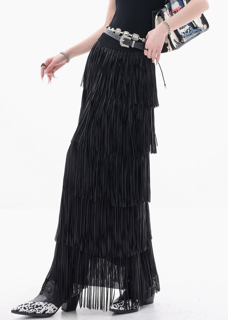 Fine Black Tasseled Elastic Waist Cotton Skirts Summer