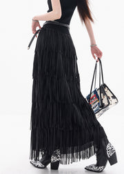 Fine Black Tasseled Elastic Waist Cotton Skirts Summer