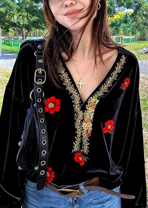Fine Black V Neck Embroidered Silk Velour Shirt Fall