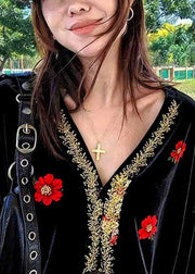 Fine Black V Neck Embroidered Silk Velour Shirt Fall