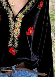 Fine Black V Neck Embroidered Silk Velour Shirt Fall