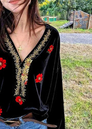 Fine Black V Neck Embroidered Silk Velour Shirt Fall