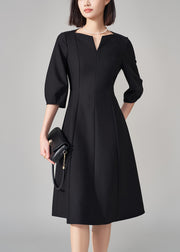 Fine Black V Neck Zippered High Waist Cotton Dresses Half Sleeve