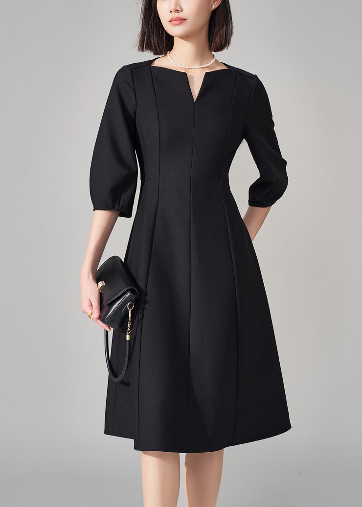 Fine Black V Neck Zippered High Waist Cotton Dresses Half Sleeve
