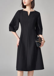 Fine Black V Neck Zippered High Waist Cotton Dresses Half Sleeve