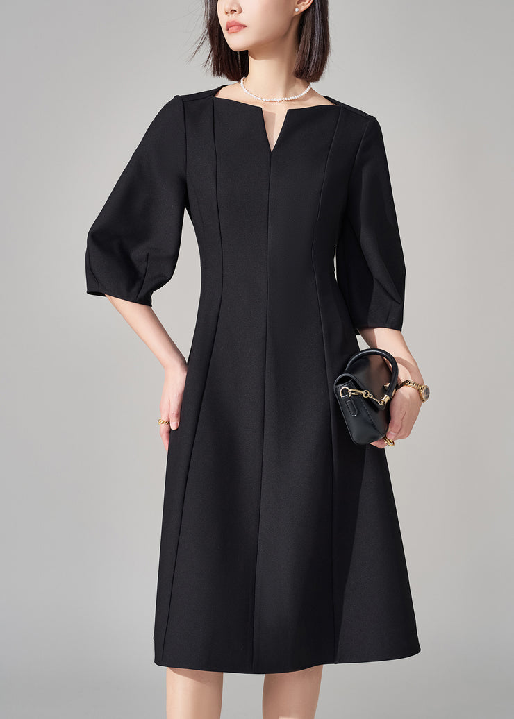 Fine Black V Neck Zippered High Waist Cotton Dresses Half Sleeve