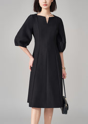 Fine Black V Neck Zippered High Waist Cotton Dresses Half Sleeve