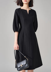 Fine Black V Neck Zippered High Waist Cotton Dresses Half Sleeve