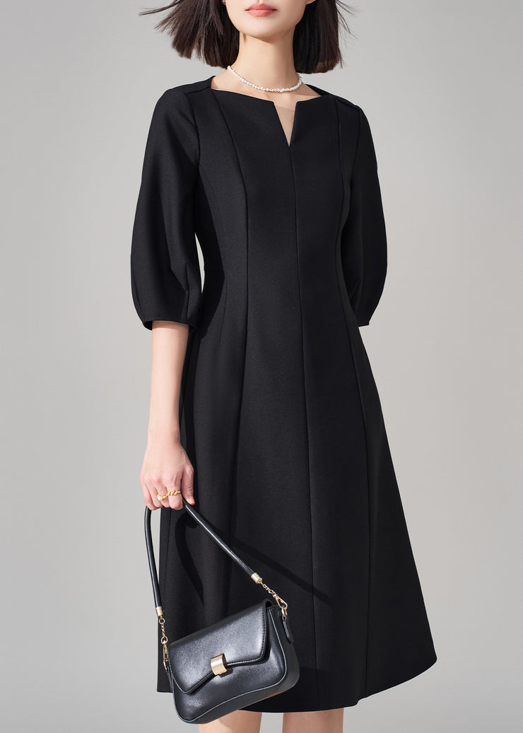 Fine Black V Neck Zippered High Waist Cotton Dresses Half Sleeve