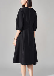 Fine Black V Neck Zippered High Waist Cotton Dresses Half Sleeve