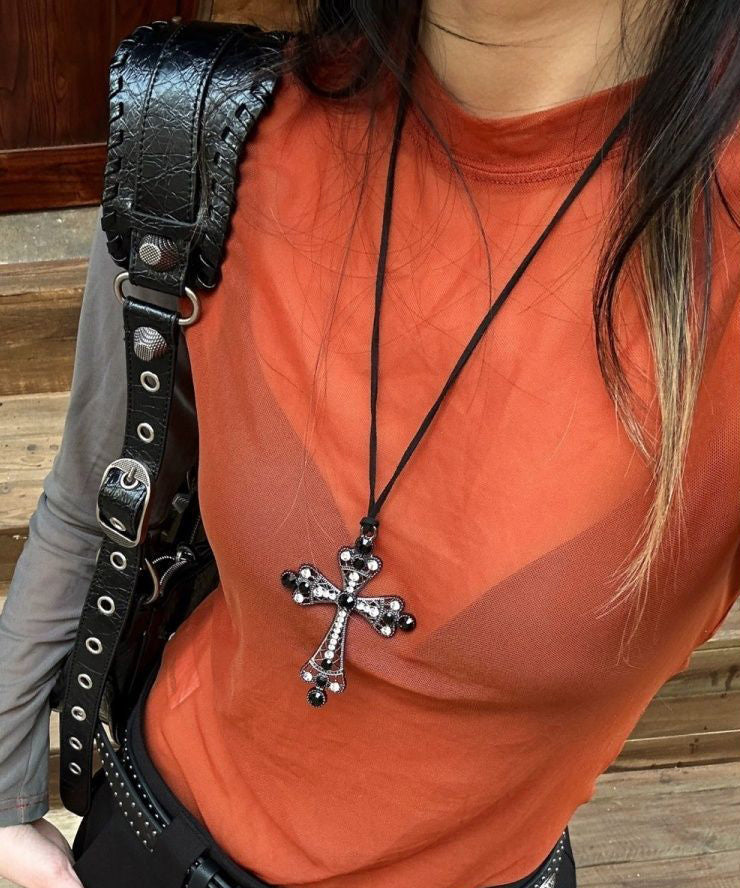 Fine Black Weave Metal Zircon Cross Pendant Necklace