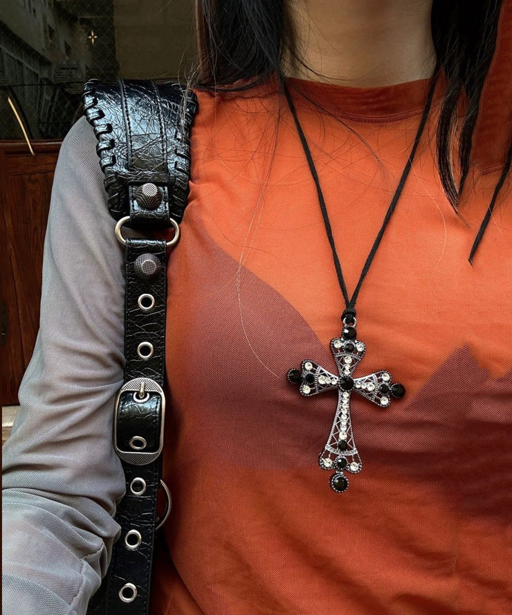 Fine Black Weave Metal Zircon Cross Pendant Necklace
