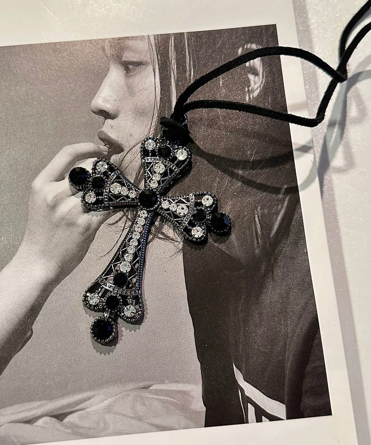 Fine Black Weave Metal Zircon Cross Pendant Necklace