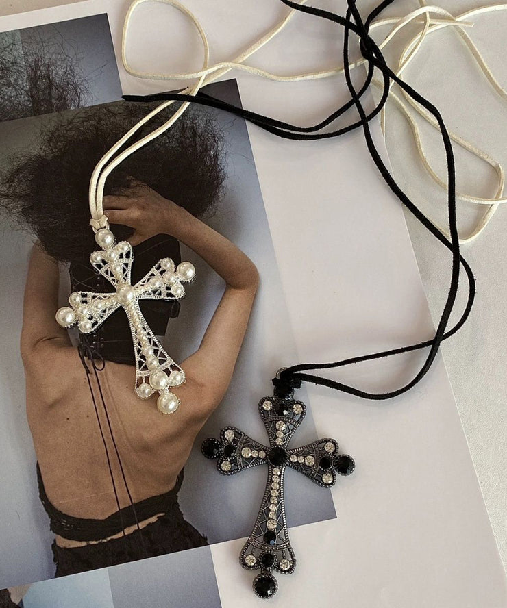 Fine Black Weave Metal Zircon Cross Pendant Necklace