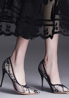 Pointed toe stiletto high heels female lace mesh sexy bed hollow single shoes 2025 spring new