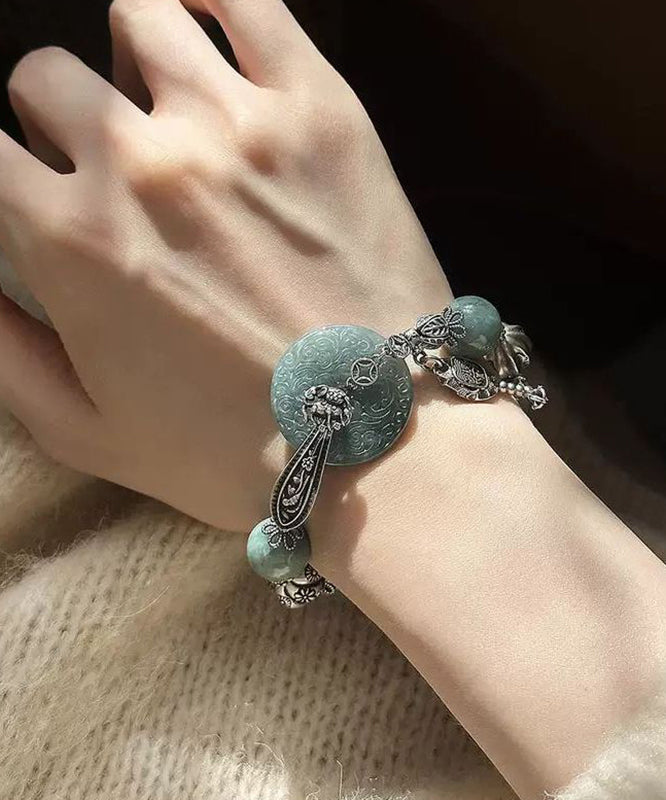 Fine Blackish Green Sterling Silver Jade Ping Buckle Charm Bracelet