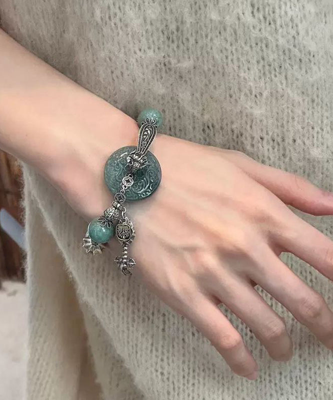 Fine Blackish Green Sterling Silver Jade Ping Buckle Charm Bracelet
