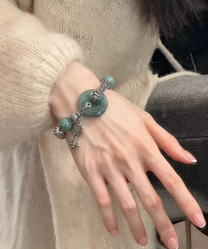 Fine Blackish Green Sterling Silver Jade Ping Buckle Charm Bracelet
