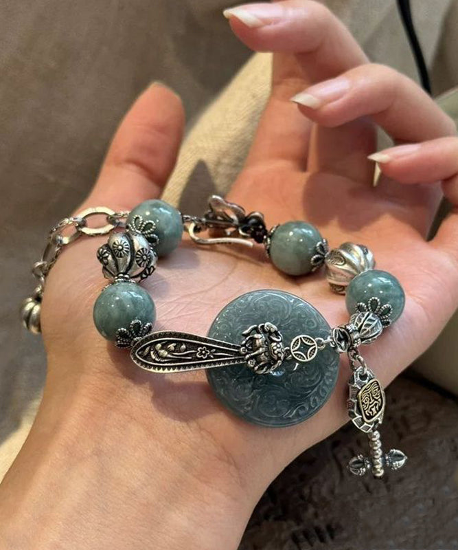 Fine Blackish Green Sterling Silver Jade Ping Buckle Charm Bracelet