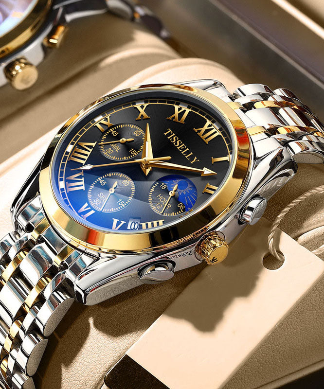 Fine Blue Black Stainless Steel Alloy Reinforced Glass Waterproof Watches