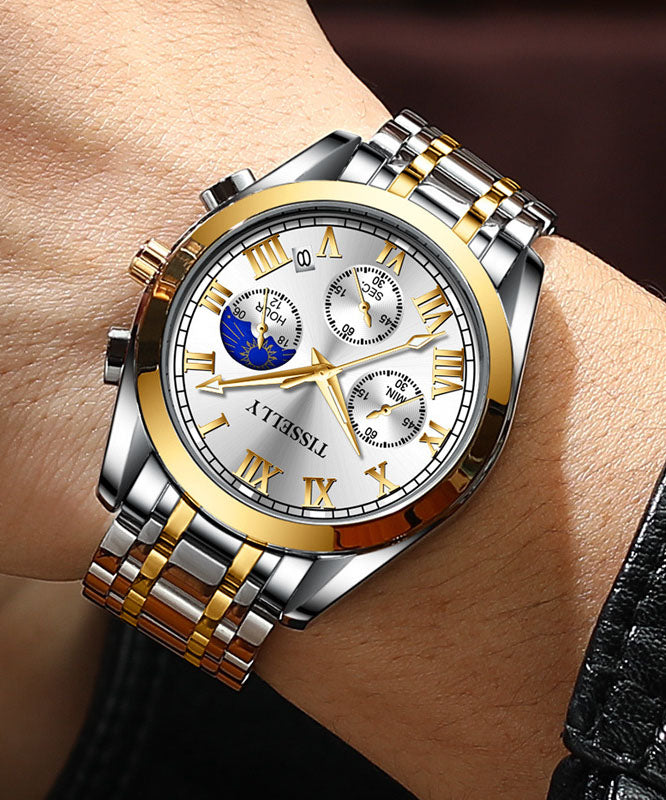 Fine Blue Black Stainless Steel Alloy Reinforced Glass Waterproof Watches