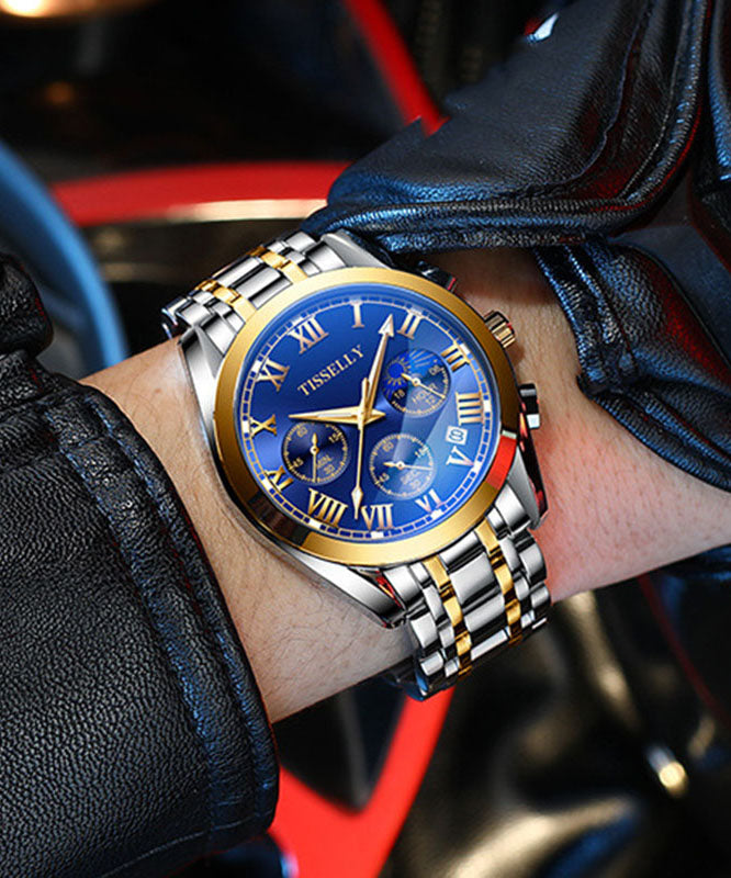 Fine Blue Black Stainless Steel Alloy Reinforced Glass Waterproof Watches