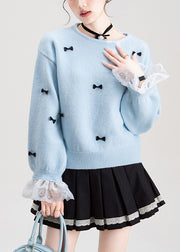 Fine Blue Bow Lace Patchwork Knit Sweater Flare Sleeve