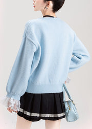 Fine Blue Bow Lace Patchwork Knit Sweater Flare Sleeve