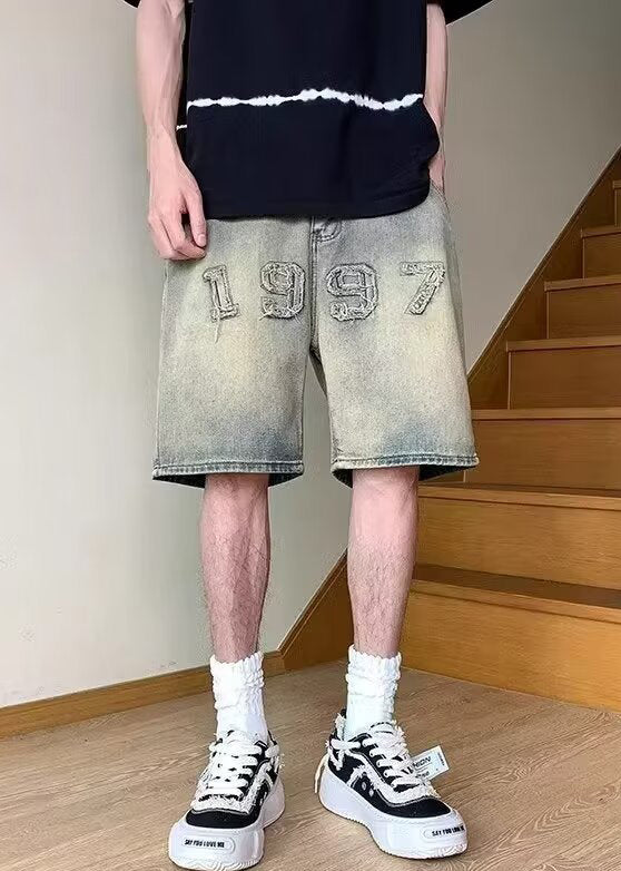 Fine Blue Digit Pockets High Waist Denim Men Shorts Summer