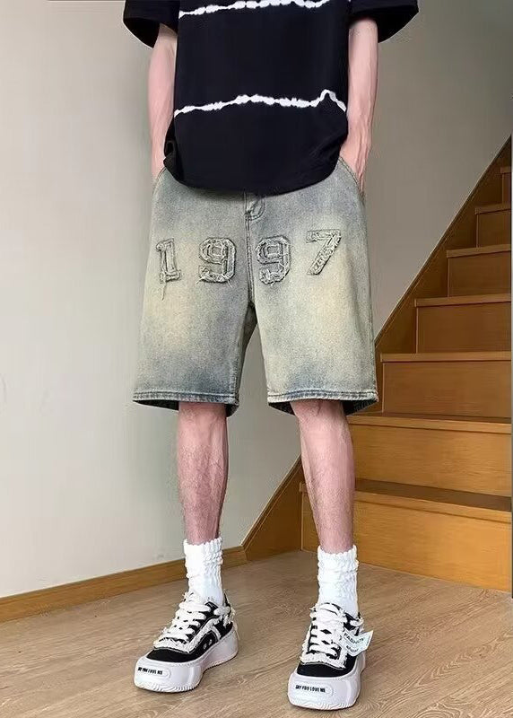Fine Blue Digit Pockets High Waist Denim Men Shorts Summer