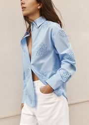 Fine Blue Embroidered Hollow Out Cotton Shirts Fall