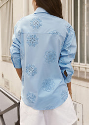 Fine Blue Embroidered Hollow Out Cotton Shirts Fall