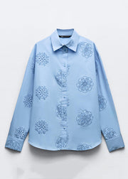 Fine Blue Embroidered Hollow Out Cotton Shirts Fall