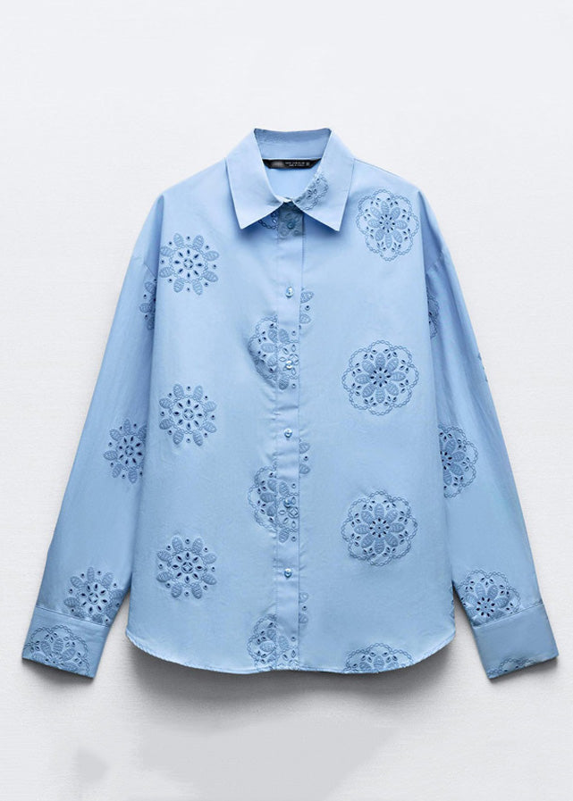 Fine Blue Embroidered Hollow Out Cotton Shirts Fall