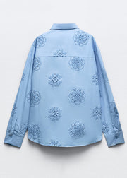 Fine Blue Embroidered Hollow Out Cotton Shirts Fall