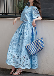 Fine Blue Embroidered Hollow Out Two Piece Set Summer
