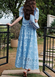 Fine Blue Embroidered Hollow Out Two Piece Set Summer