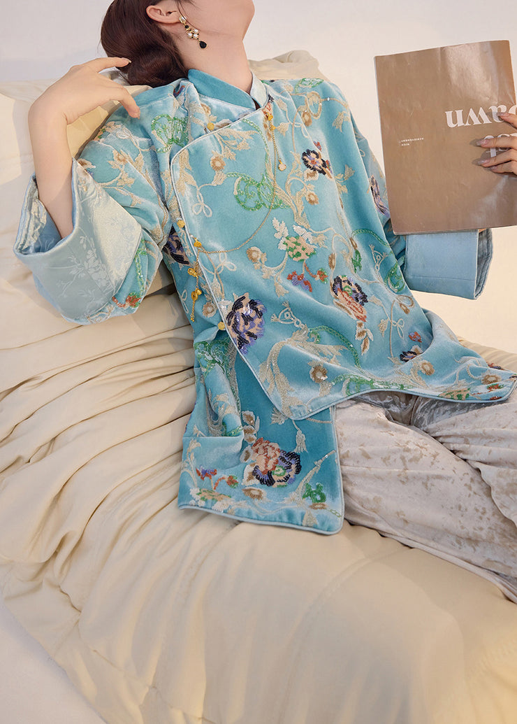 Fine Blue Embroidered Sequins Silk Velour Oriental Coat Fall