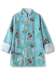 Fine Blue Embroidered Sequins Silk Velour Oriental Coat Fall
