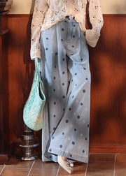 Fine Blue Embroidered Zircon High Waist Denim Wide Leg Pants Fall