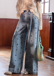 Fine Blue Embroidered Zircon High Waist Denim Wide Leg Pants Fall