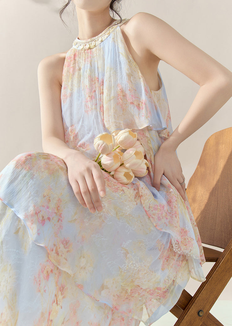 Fine Blue Halter Print Chiffon Long Dresses Summer
