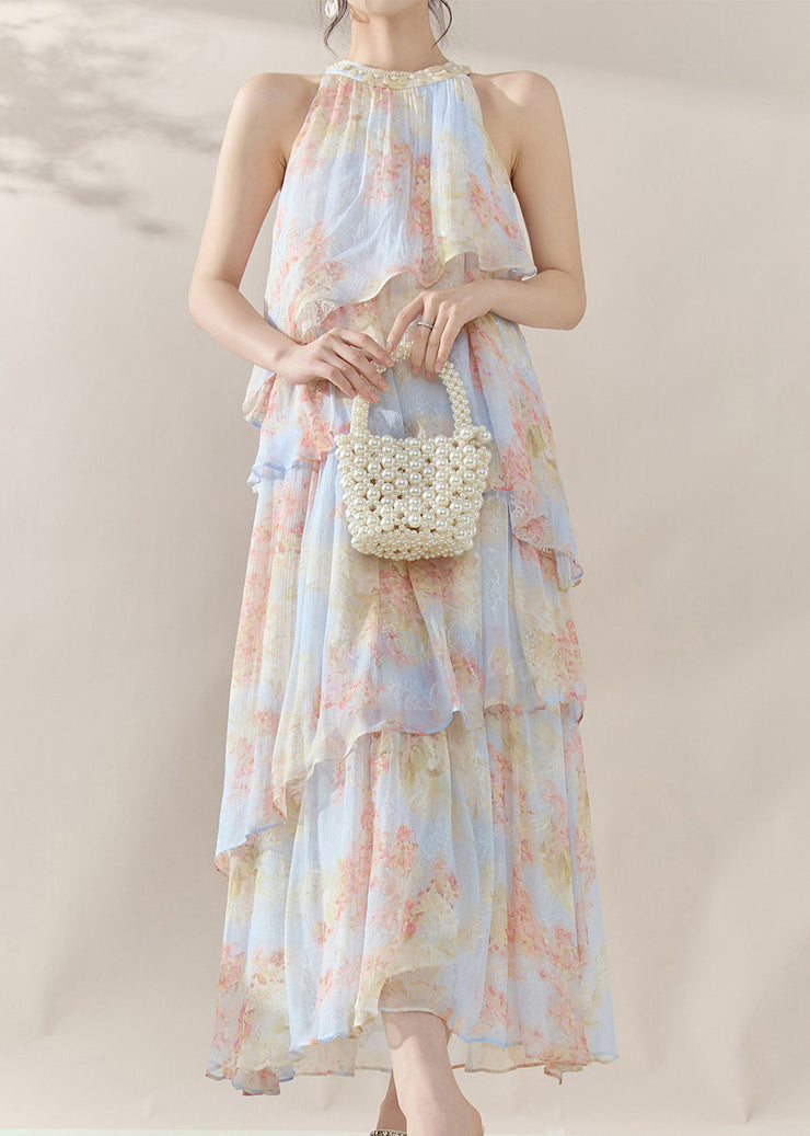 Fine Blue Halter Print Chiffon Long Dresses Summer