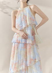 Fine Blue Halter Print Chiffon Long Dresses Summer