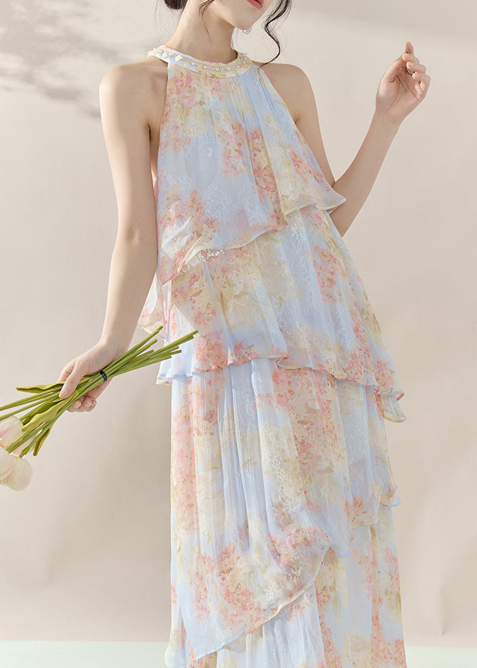 Fine Blue Halter Print Chiffon Long Dresses Summer