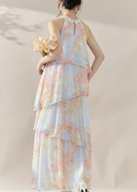 Fine Blue Halter Print Chiffon Long Dresses Summer