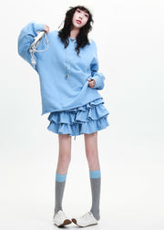 Fine Blue Layered Ruffled Cotton Tops And Skirts Two Pieces Set Spring