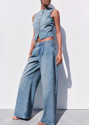 Fine Blue O Neck Button Denim Two Piece Set Sleeveless